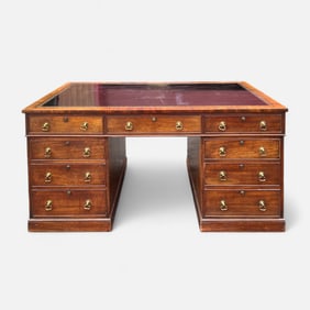 Antique Mahogany Gilt-Stamped Leather Top Kneehole Pedestal Desk w/Nine Drawers
