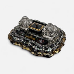 Antique Victorian Mother of Pearl Lacquered Inkwell