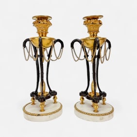Pair Antique French Empire Gilt Bronze & Ormolu Candleholders Candlesticks