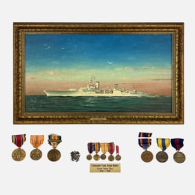 USN Cmdr J.F. Manley ID'd WWI Military Medal Group w/Painting of U.S.S. Portland Ship Portrait