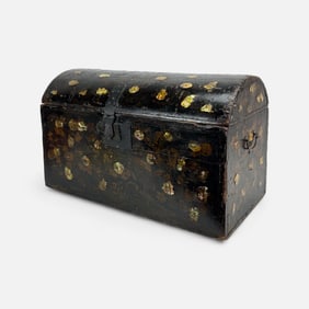 Antique 19thC Lacquer Gilt & Mother of Pearl Domed Trunk