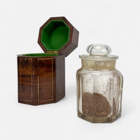 Antique 19thC Octogonal Wood Box Glass Humidor Jar