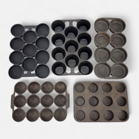 Five Griswold & Wagner Cast Iron Brownie Muffin Pans
