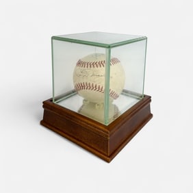 Joe DiMaggio & Lefty O'Doul 1950s National League Autographed Baseball in Glass Display Case