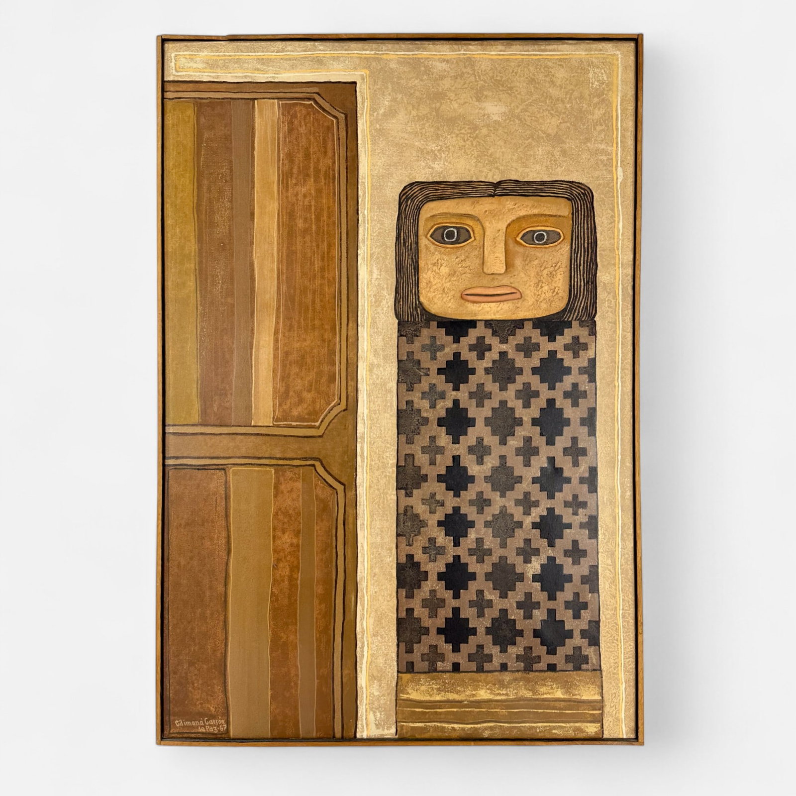 Gil Imana Garron "Mujer y Puerta" 1967 Oil on Linen Framed Painting: Signed lower left, see information on sticker to reverse. Very good condition. Simple integrated shipping with LiveAuctioneers LiveShipping is now available. Bidders may still arrange their own shippi