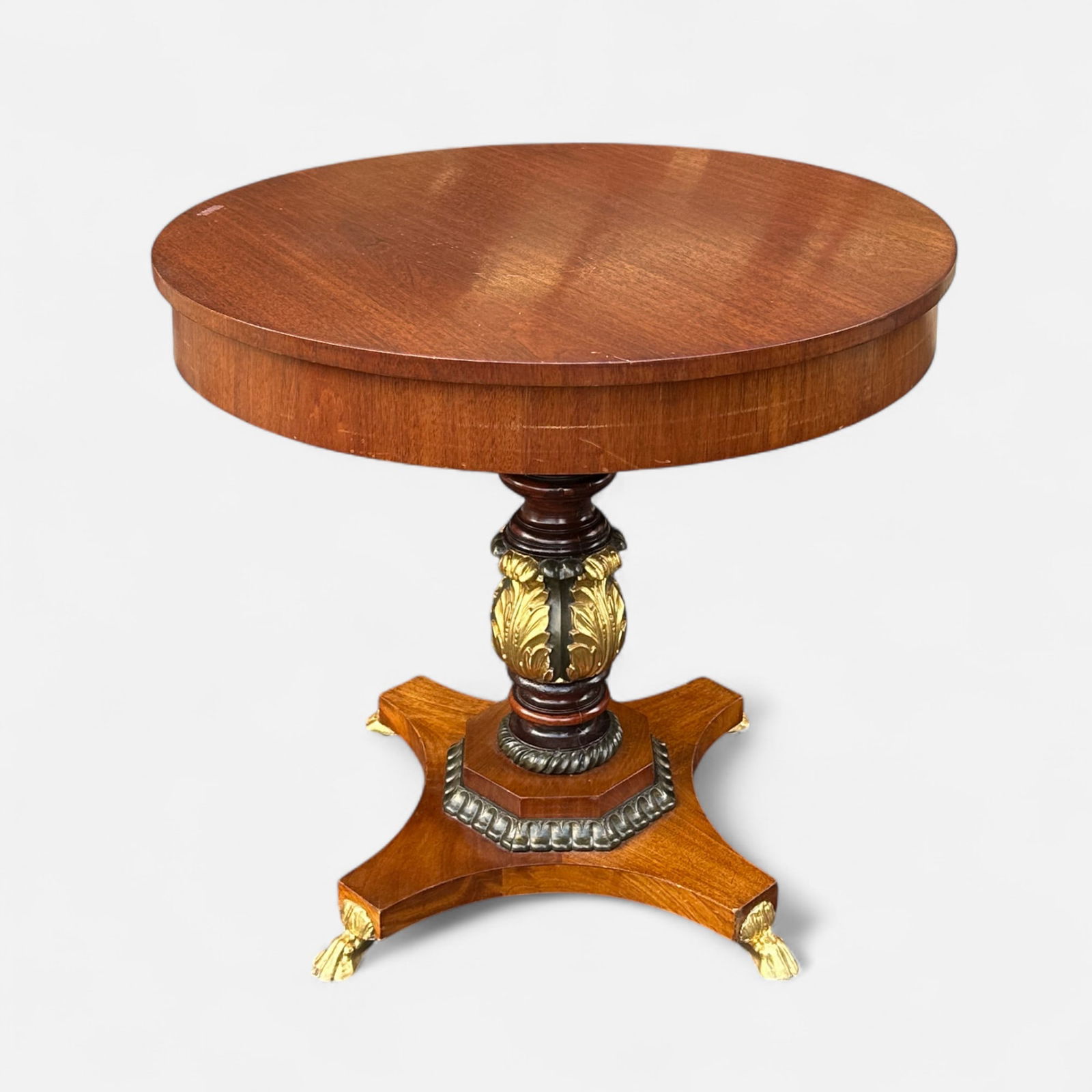 Antique Empire Style Round Center Table w/Gilt Acanthus Leaves & Paw Feet (1 of 6)