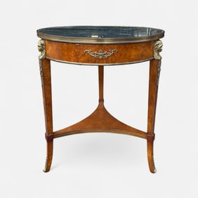 John Widdicomb Empire Style Burlwood Marble & Gilt Metal Round Gueridon Side or Center Table