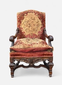 Antique 19thC Continental Carved Mahogany Heavy Armchair w/Velvet Needlepoint Upholstery