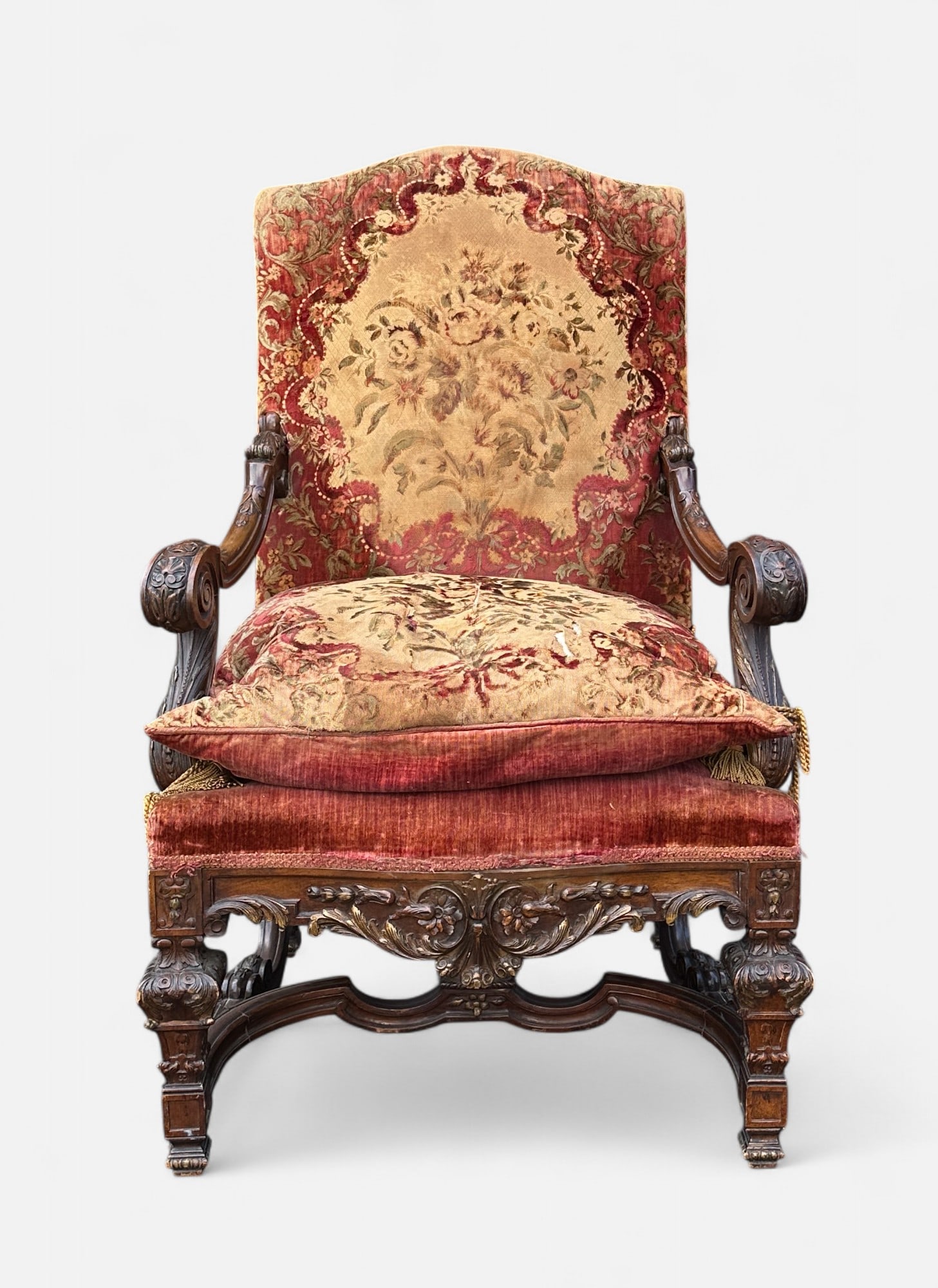 Antique 19thC Continental Carved Mahogany Heavy Armchair w/Velvet Needlepoint Upholstery (1 of 11)