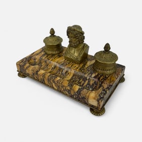 Antique 19thC Continental Bronze & Sienna Marble Double Ink Stand w/Two Lidded Inkwells w/Glass