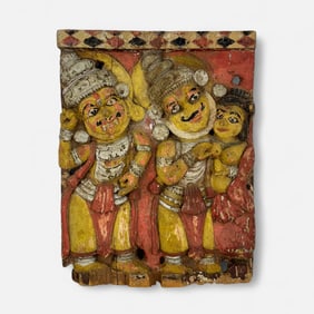Antique 19th/20thC Carved & Painted Wood Relief Frieze From India
