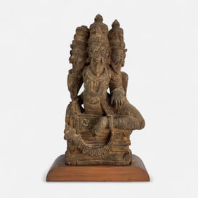Large Antique 19thC Carved Wood Hindu Deity Statue of Tridev (Trimurti) Nepal India Origin