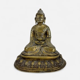 Fine 20thC Heavy Cast Brass Nepalese Buddha Statue w/Embossed Copper Enclosure