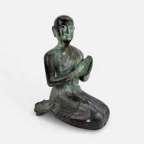 Large Antique Patinated Bronze Praying Monk Statue Figure From Burma