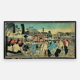 A Procession Feudal Lord Visiting the Temple at Ueno Toyohara Chikanobu Japanese Woodblock Print