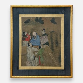 Antique 18thC Chinese Painting of Scholars Playing Go w/Attendants Framed under Glass