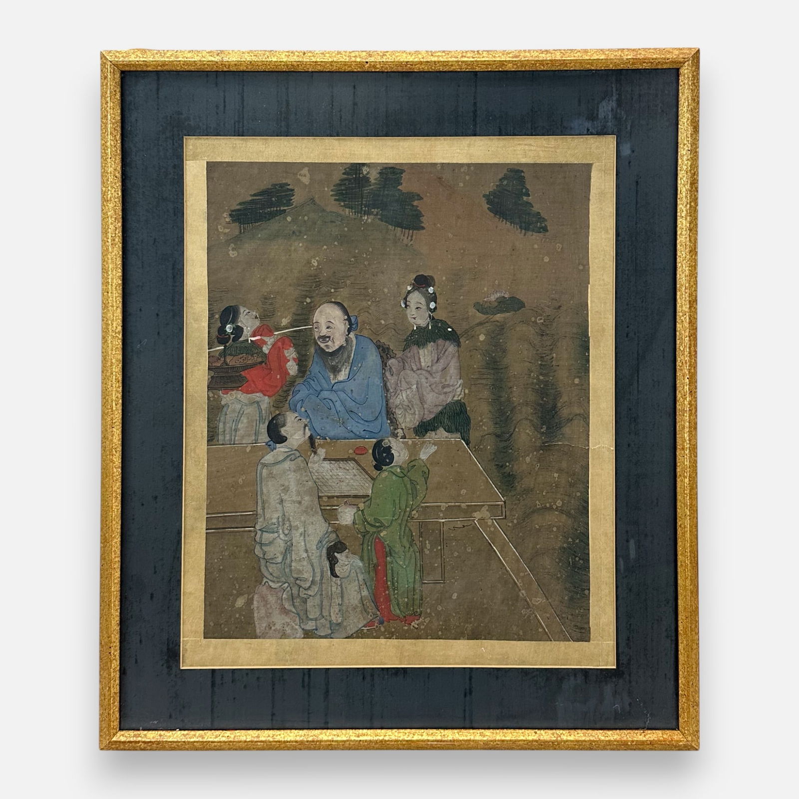 Antique 18thC Chinese Painting of Scholars Playing Go w/Attendants Framed under Glass (1 of 5)