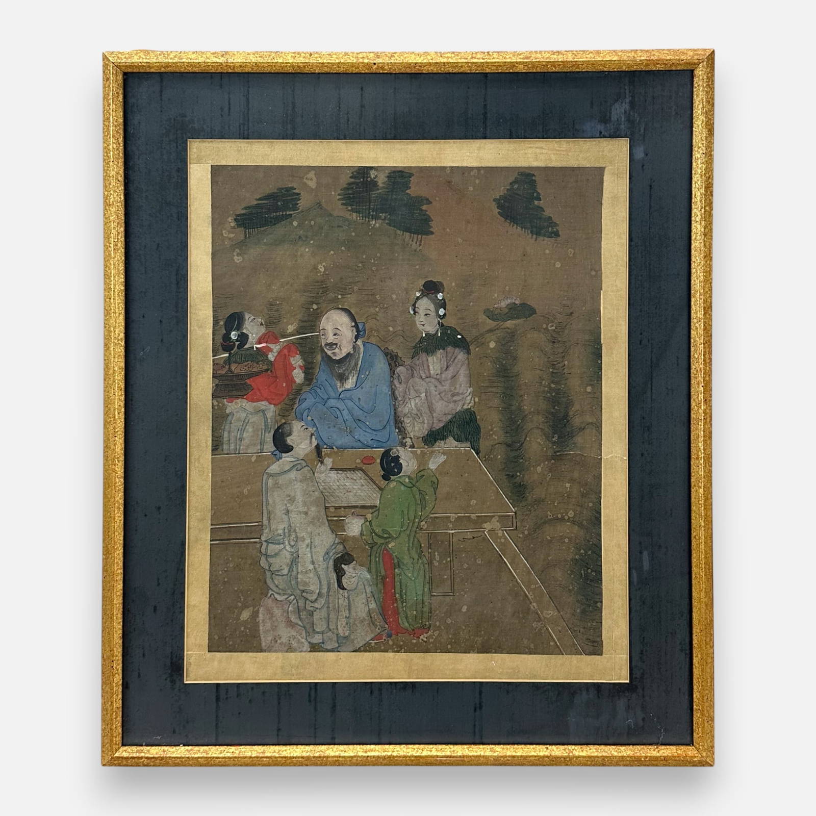 Antique 18thC Chinese Painting of Scholars Playing Go w/Attendants Framed under Glass