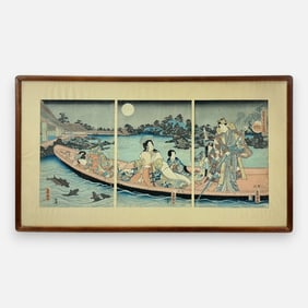 The Sixth Month by Utagawa Kunisada Antique Japanese Woodblock Print Framed Triptych