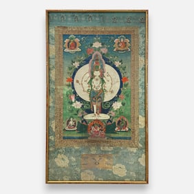 Antique 18th/19thC Tibetan Thangka of One Thousand-Armed Avalokiteshvara Framed Painting under Glass