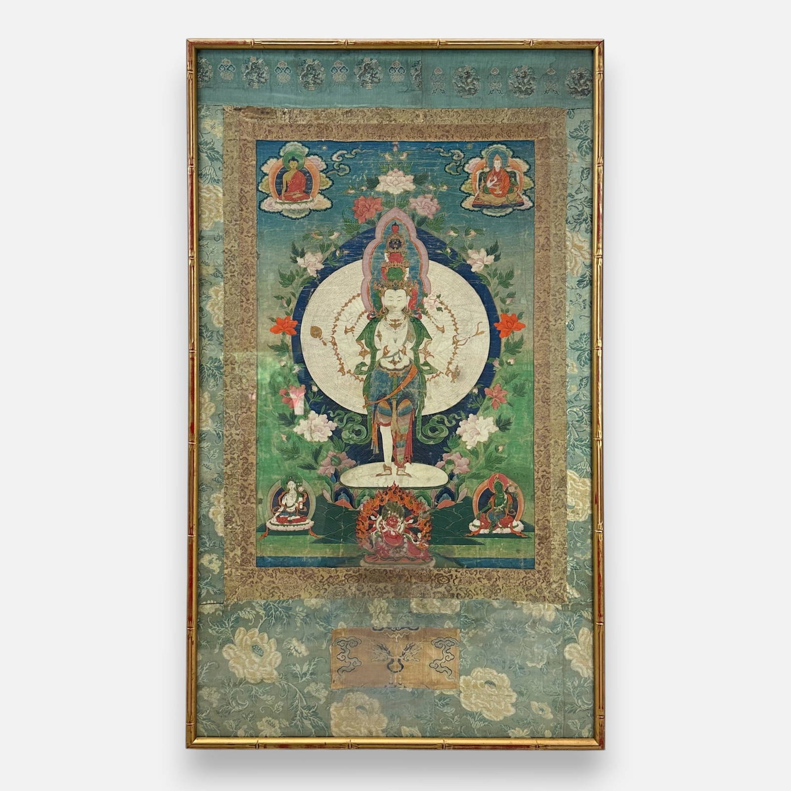 Antique 18th/19thC Tibetan Thangka of One Thousand-Armed Avalokiteshvara Framed Painting under Glass