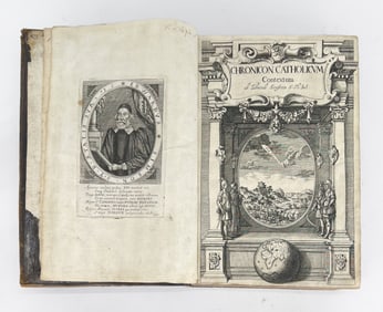 Antique 17thC "CHRONICON Historiam Catholicam Complectens" Vellum & Leather Book
