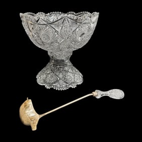 American Brilliant Cut Glass Two-Piece Cut Glass Punch Bowl w/Ladle