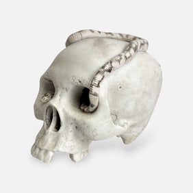 Antique Japanese Meiji Ceramic Porcelain Okimono of Skull and Snake