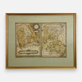 Two Abraham Ortelius Antique 16thC Hand Colored Map of Denmark & Oldenburg Framed