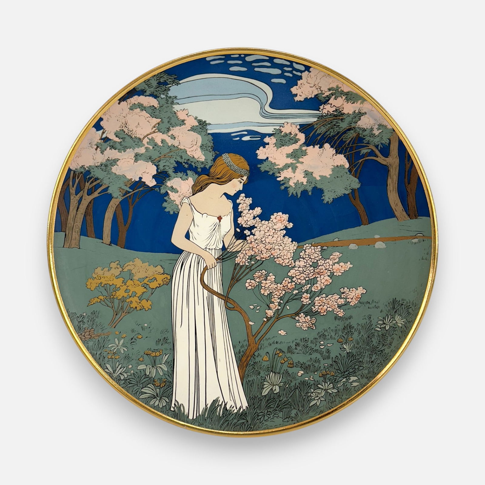 Antique Mettlach 17" Plaque Young Girl With Flowers Spring by H. Gradl #2998 (1 of 4)