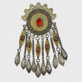 Old Turkmen Goldwashed Silver, Carnelian Glass Pendant w/Tassels