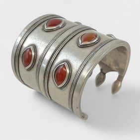 Old Turkmen Silver Carnelian Heavy Cuff Bracelet w/Six Stones