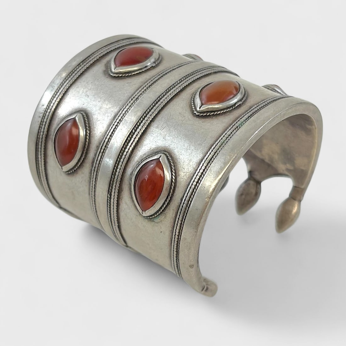 Old Turkmen Silver Carnelian Heavy Cuff Bracelet w/Six Stones (1 of 5)