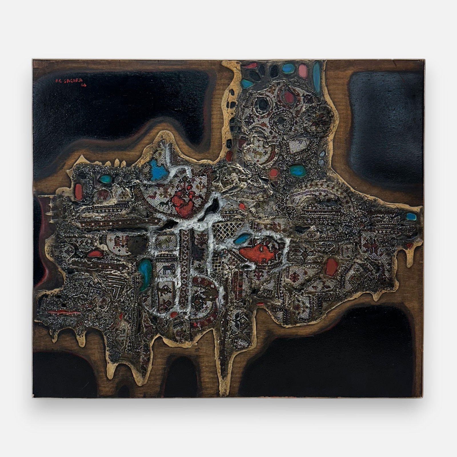 Piraji C. Sagara "Darkness (2)" 1966 Original Mixed Media Wood Painting Composition (1 of 7)