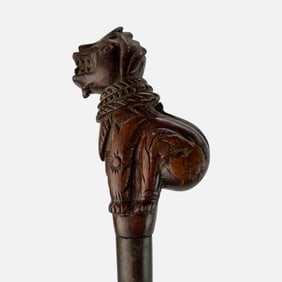 Unsual Antique Folk Art Carved Walnut Walking Stick Cane w/Lion Animal Finial and Knobby Stick