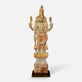 Antique Life-Size Paint Decorated Carved Wood Lord Venkateswara Vishnu Figure North India