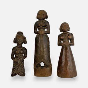 Three Antique Carved Wood Marapachi Bommai Doll Figures South India Lot 2