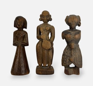 Three Antique Carved Wood Marapachi Bommai Doll Figures South India Lot 3