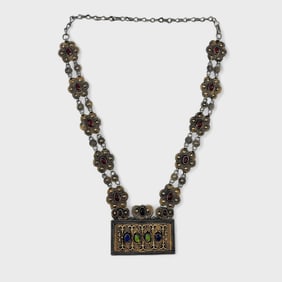 Old Turkmen Goldwashed Silver Necklace Yomud Koran Amulet Pouch #2