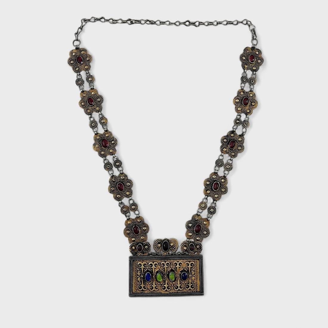 Old Turkmen Goldwashed Silver Necklace Yomud Koran Amulet Pouch #2 (1 of 4)