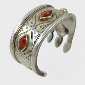 Old Turkmen Goldwashed Silver Three-Stone Carnelian Cuff Bracelet #2
