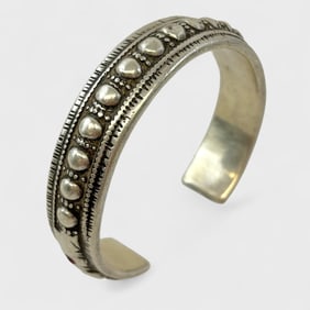 Old Tribal Silver Cuff Bracelet w/ Green & Red Gemstones