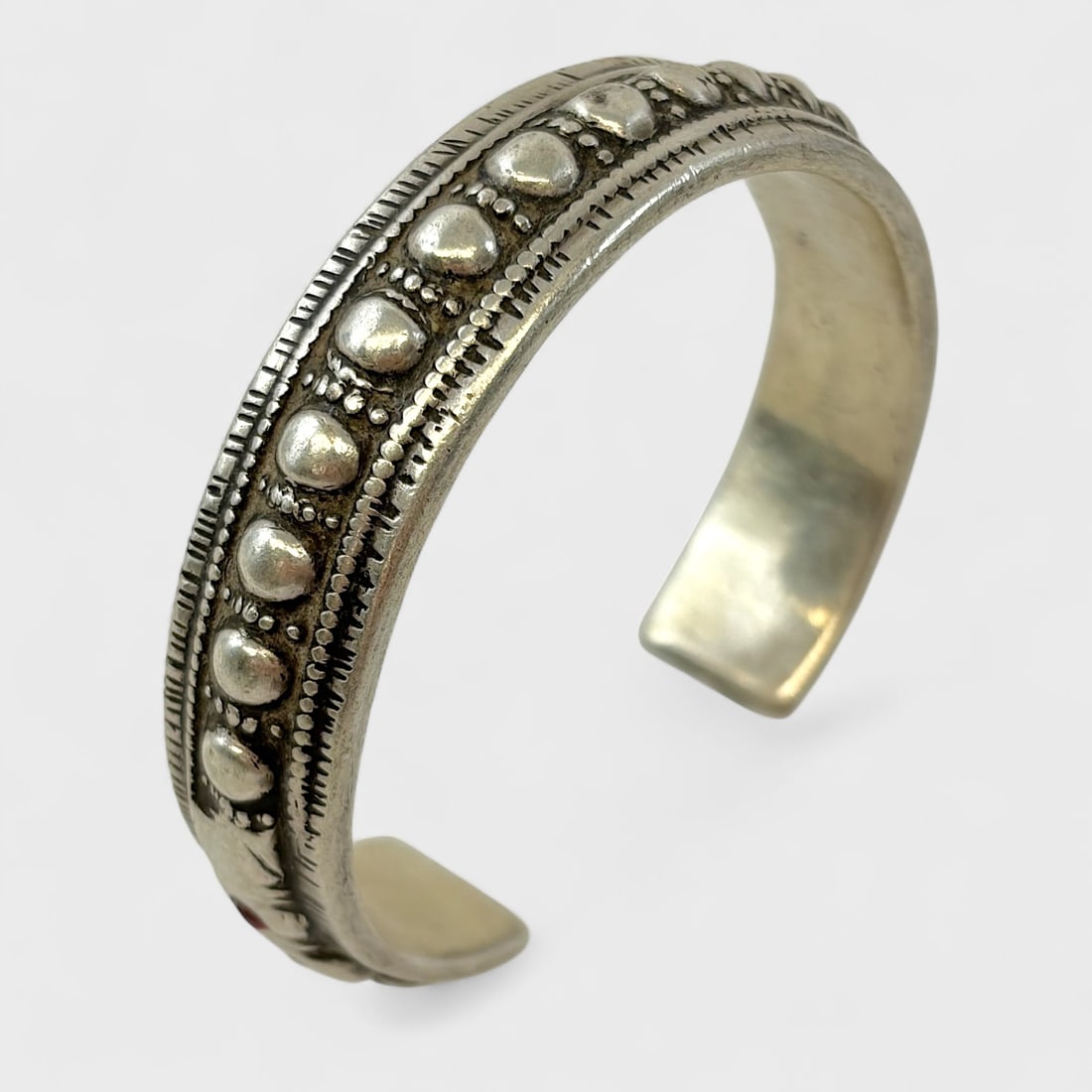 Old Tribal Silver Cuff Bracelet w/ Green & Red Gemstones (1 of 6)