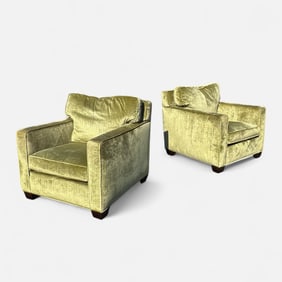 Pair Green Velvet Upholstered Club Chairs