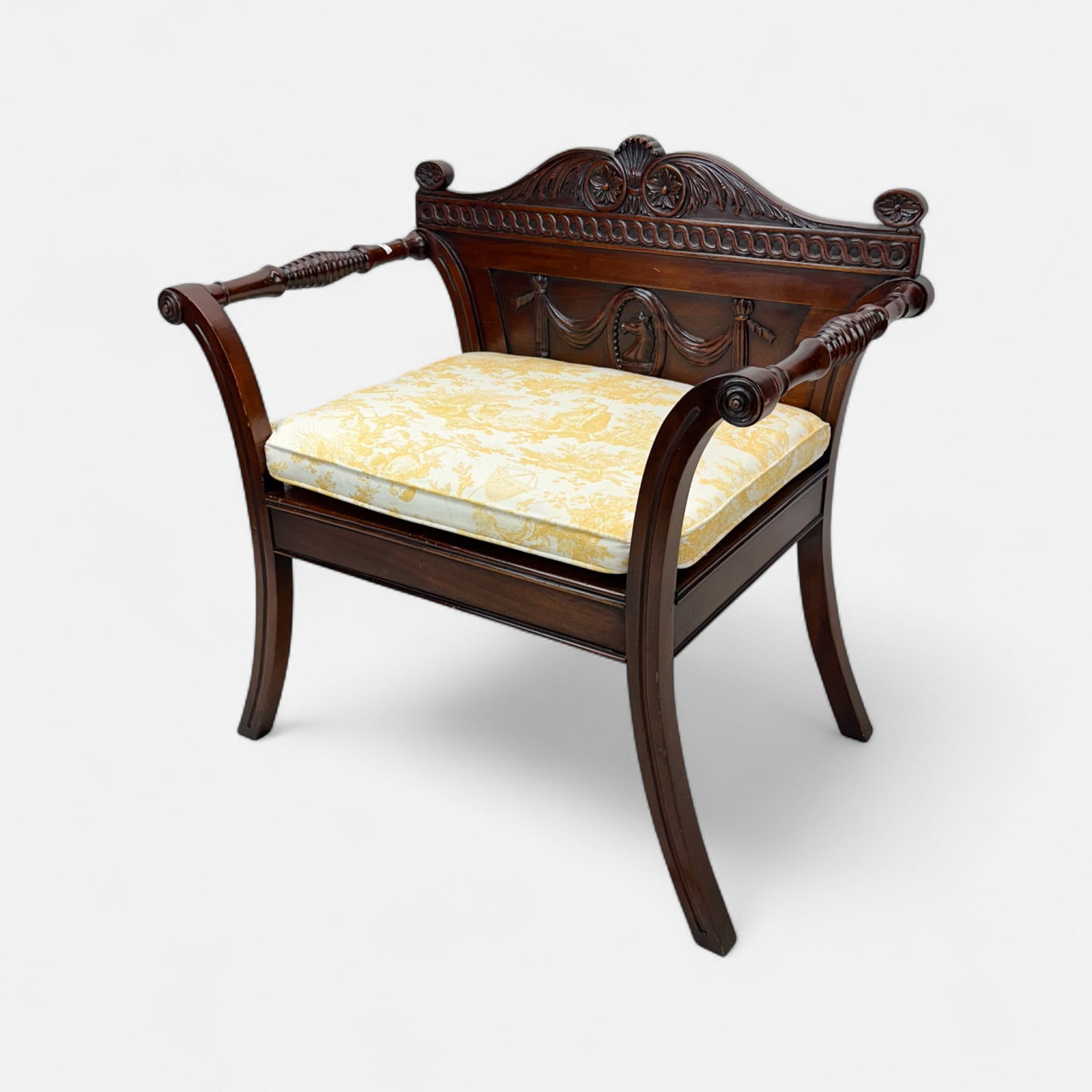 Ann Getty and Associates George III Style Carved Mahogany Hall Chair: Ca. late 20th to early 21stC. Very good condition as shown. Apparently unmarked. IMPORTANT: Pickups and shipping for this auction will not begin until after Labor Day. Pickup appointments will be avai