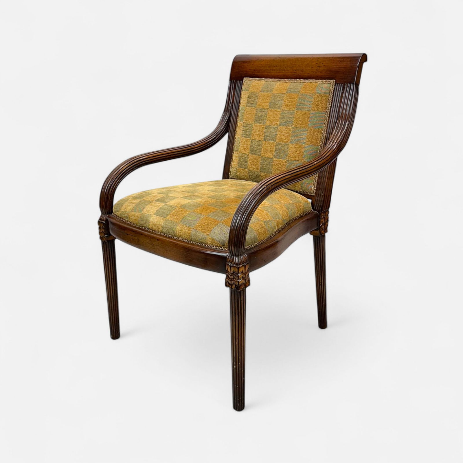 Nancy Corzine French Restoration Style Carved Hardwood Armchair: Ca. late 20th to early 21stC. Good condition, with shown crack to front rail. See Nancy Corzine mark to base. IMPORTANT: Pickups and shipping for this auction will not begin until after Labor Day. Pic