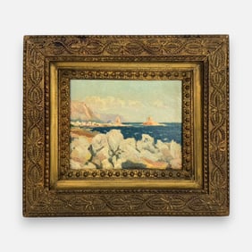 Fantastic Antique Impressionist Coastal Scene Oil on Canvas Framed Painting