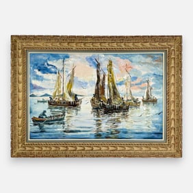 Henryk Dzienczarski 1955 Large MCM Impressionist Nautical Oil Painting Framed #2