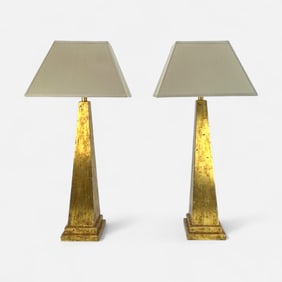 Pair Large 1970s Modernist Gold Leaf Gilt Wood Large Architectural Table Lamps