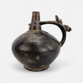 Antique Pre-Columbian Peruvian Sican/Chimu Blackware Handled Vessel Bottle